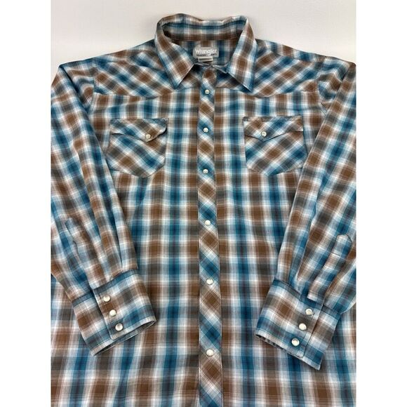 Wrangler XL Blue Brown Plaid Western Long Sleeve Pearl Snap Button Shirt - Picture 4 of 6